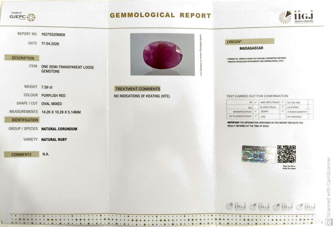 7.59/CT Natural Ruby Stone with Govt. Lab Certificate-16275S206808