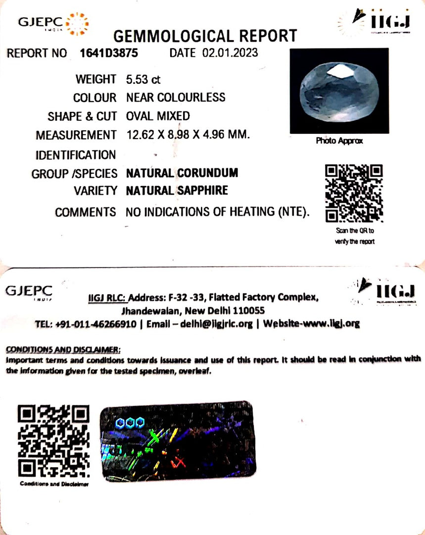 5.53/CT Natural White Sapphire with Govt Lab Certificate (6771)