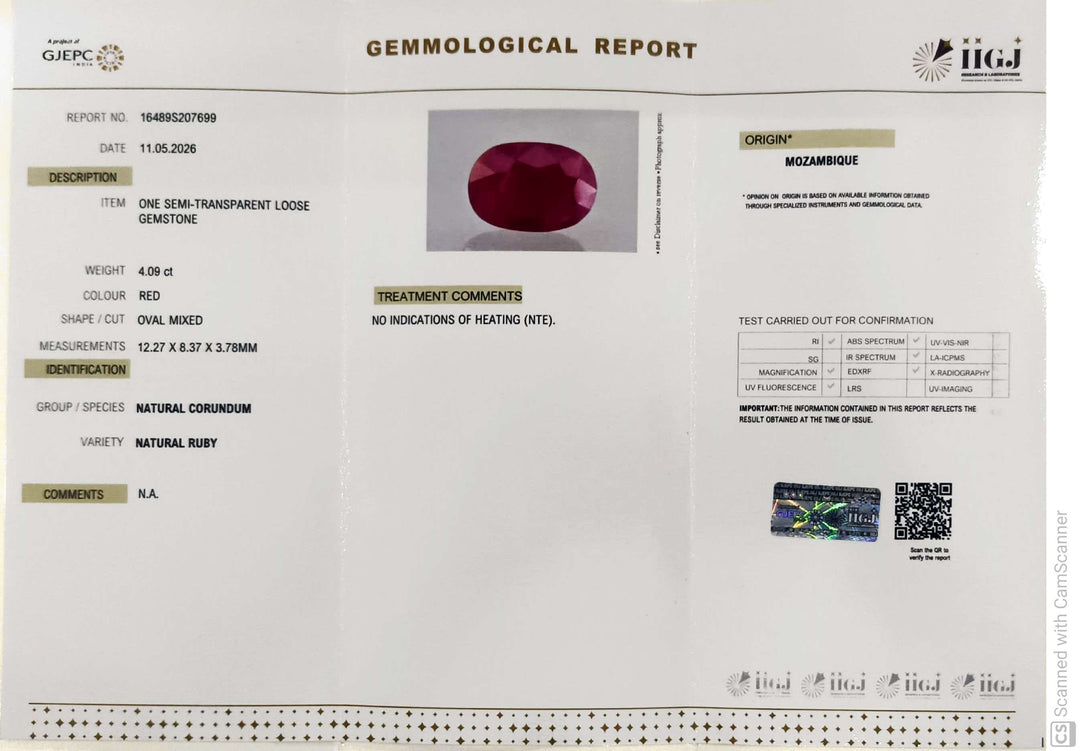 4.09/CT Natural Ruby Stone with Govt. Lab Certificate-16489S207699