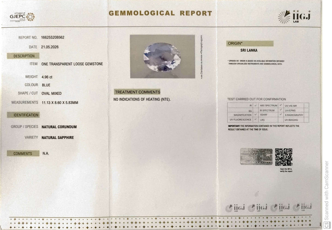 4.96/CT Natural Blue Sapphire with Govt Lab Certificate-16625S208562