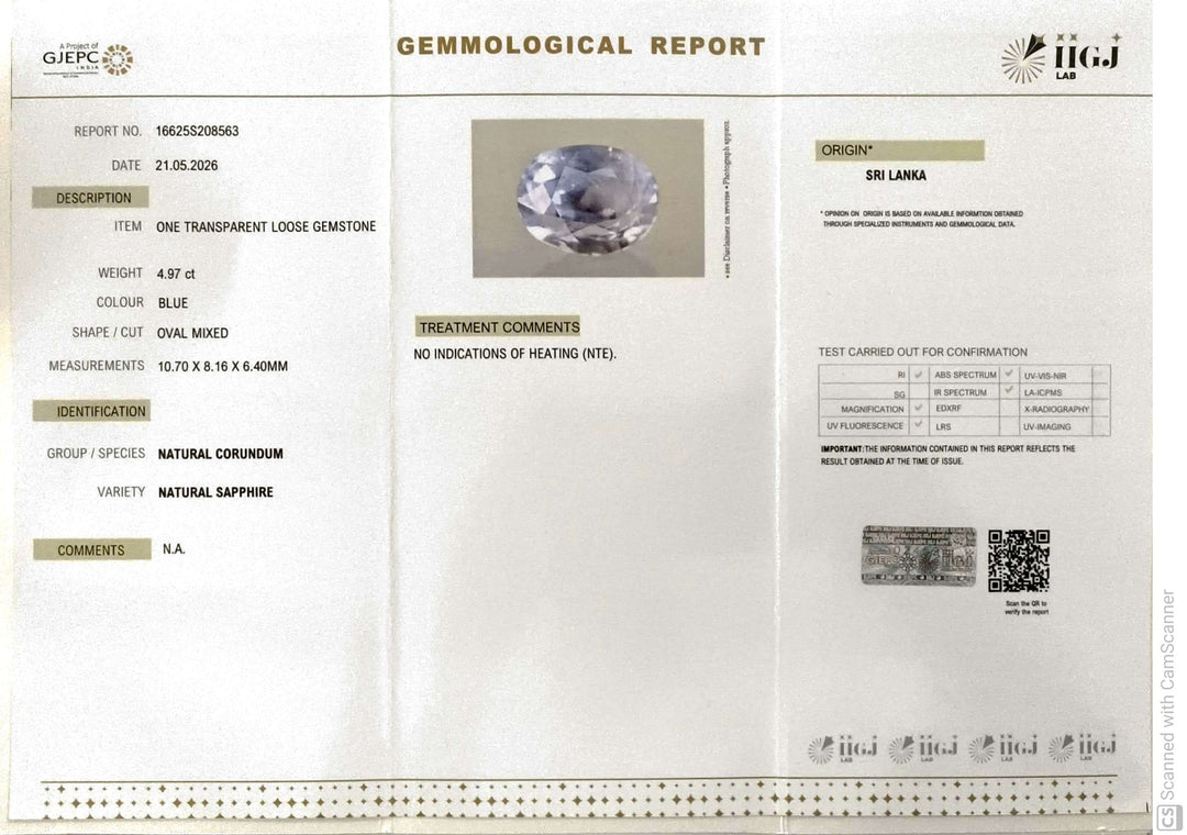 4.97/CT Natural Blue Sapphire with Govt Lab Certificate-16625S208563