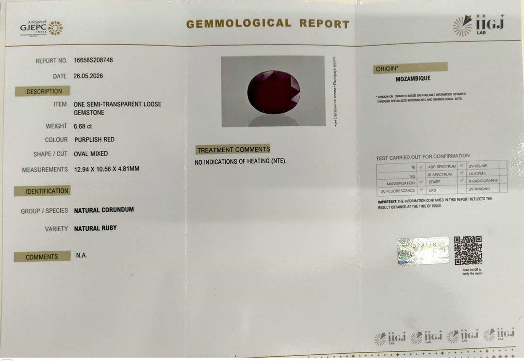 6.68/CT Natural Ruby Stone with Govt. Lab Certificate-16658S208748