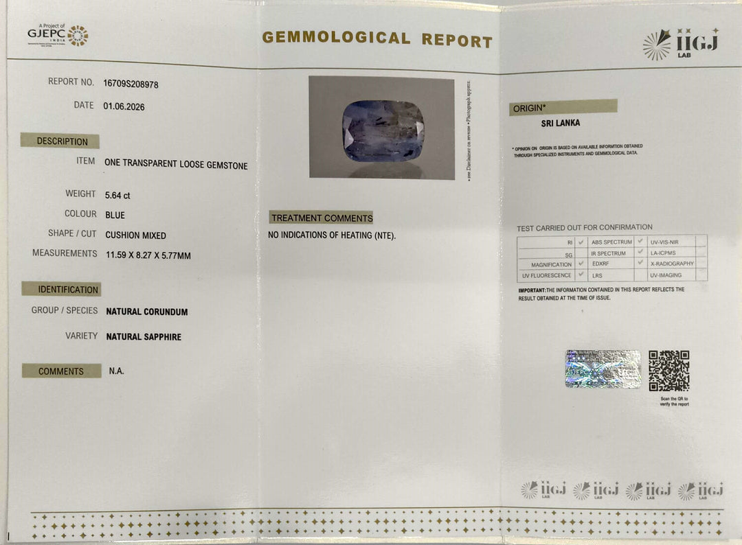 5.64/CT Natural Blue Sapphire with Govt Lab Certificate-16709S208978