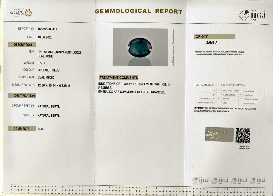 6.56/CT Natural Panna Stone with Govt. Lab Certificate-16839S209414