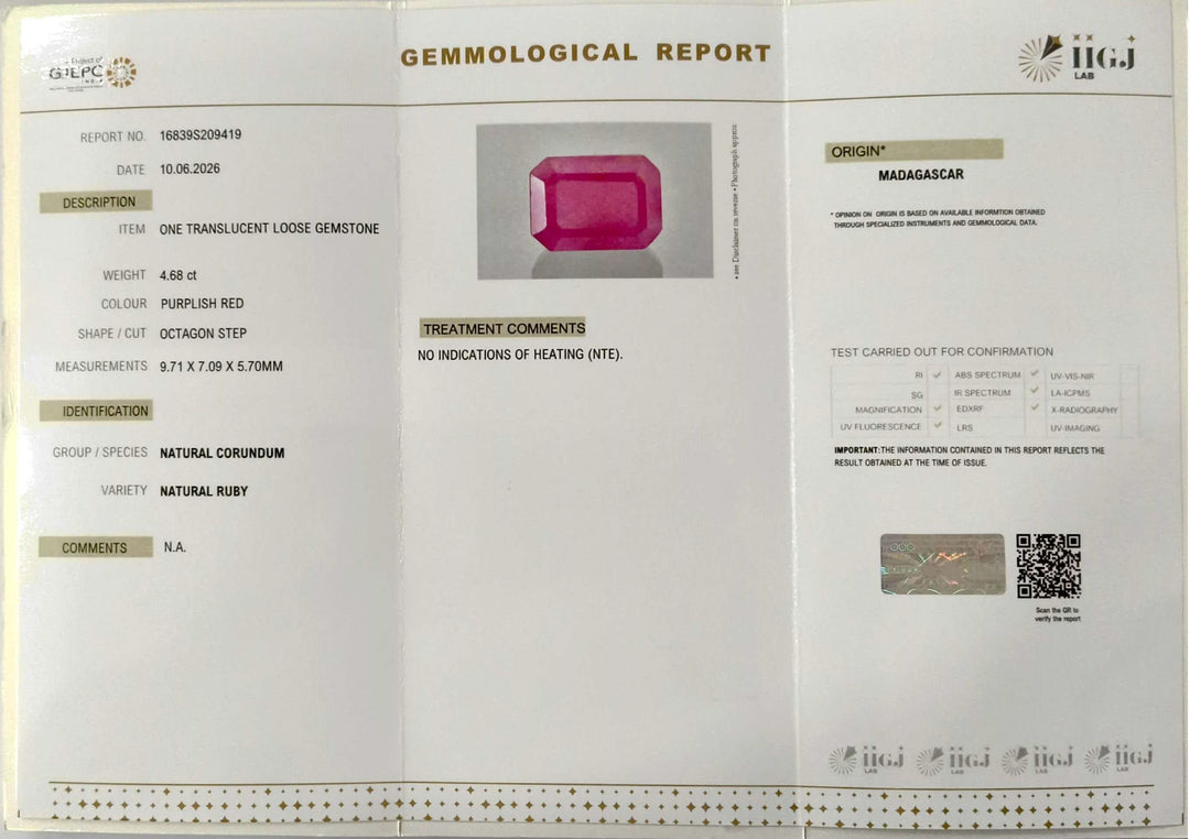 4.68/CT Natural Ruby Stone with Govt. Lab Certificate-16839S209419