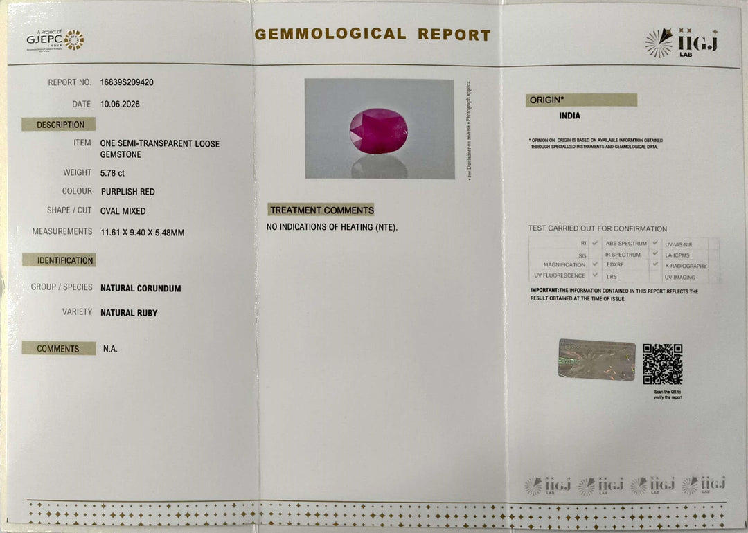 5.78/CT Natural Ruby Stone with Govt. Lab Certificate-16839S209420