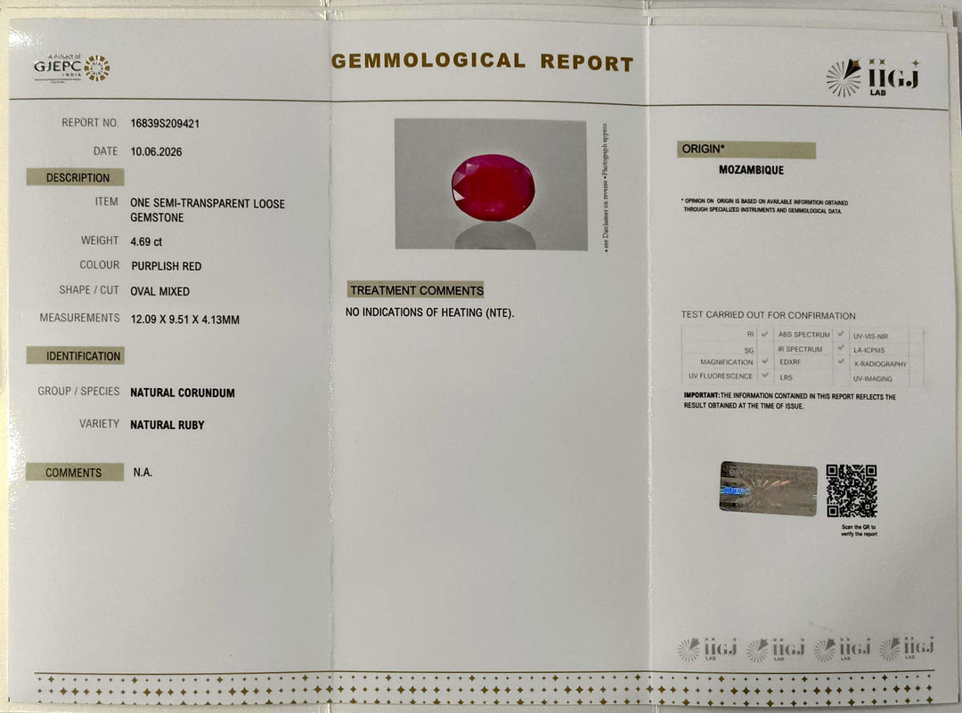4.69/CT Natural Ruby Stone with Govt. Lab Certificate-16839S209421