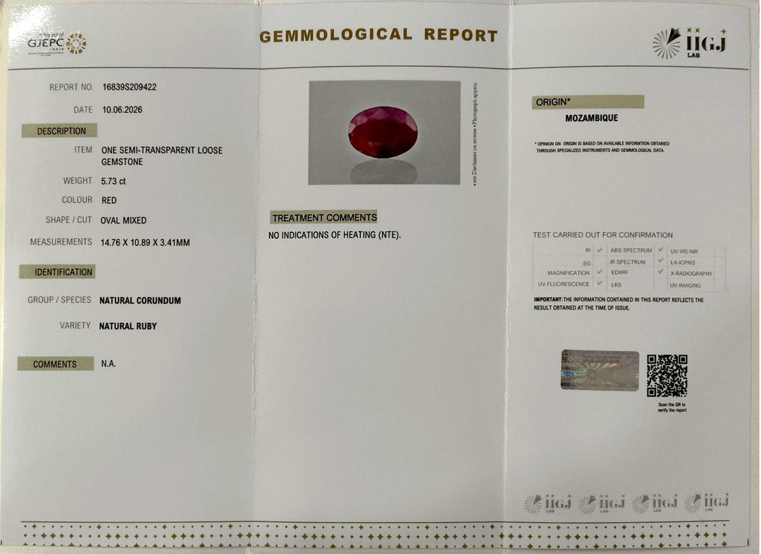 5.73/CT Natural Ruby Stone with Govt. Lab Certificate-16839S209422