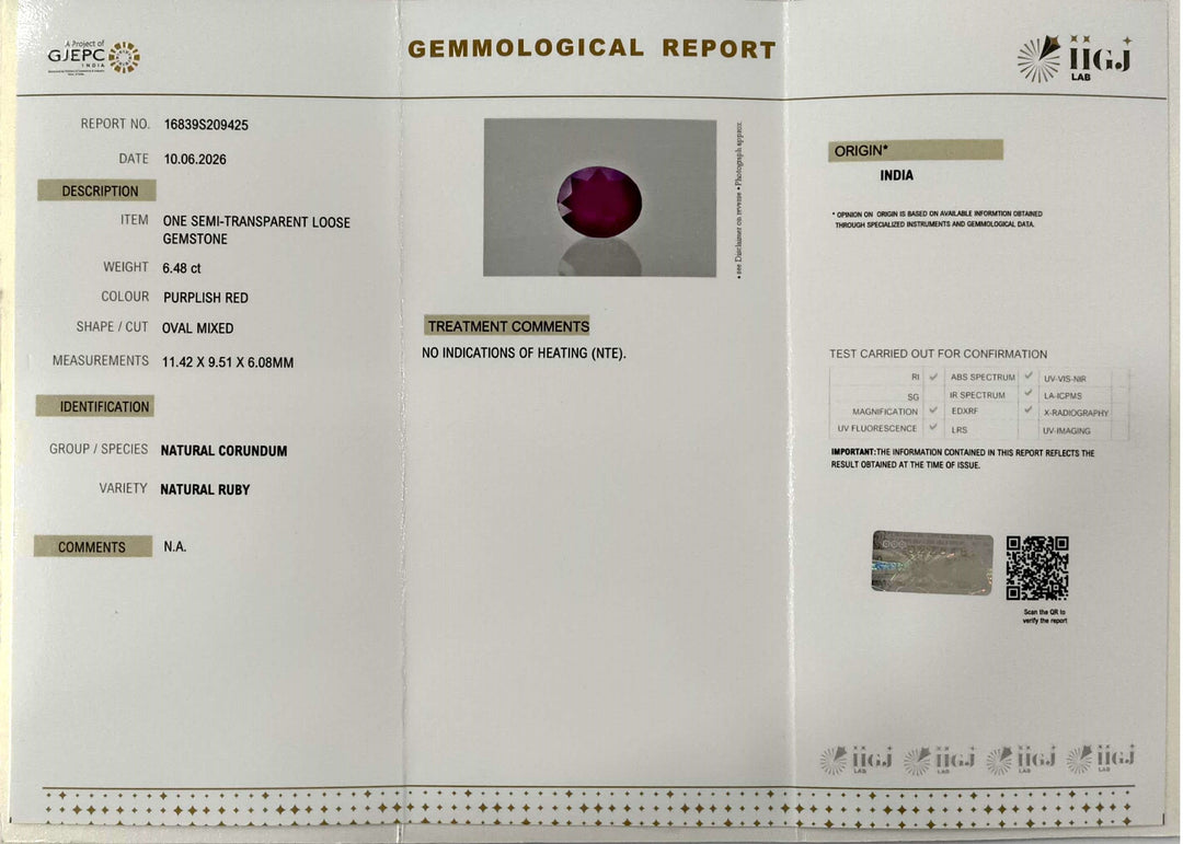 6.48/CT Natural Ruby Stone with Govt. Lab Certificate-16839S209425