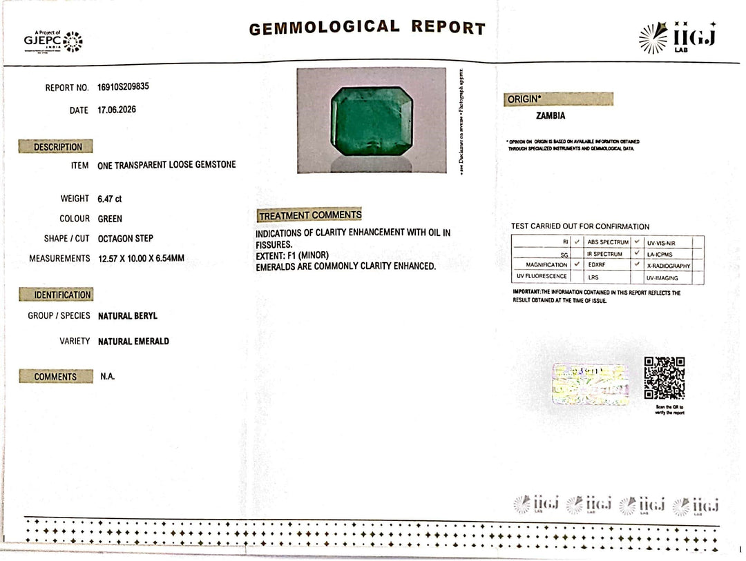 6.47/CT Natural Panna Stone with Govt. Lab Certificate-16910S209835
