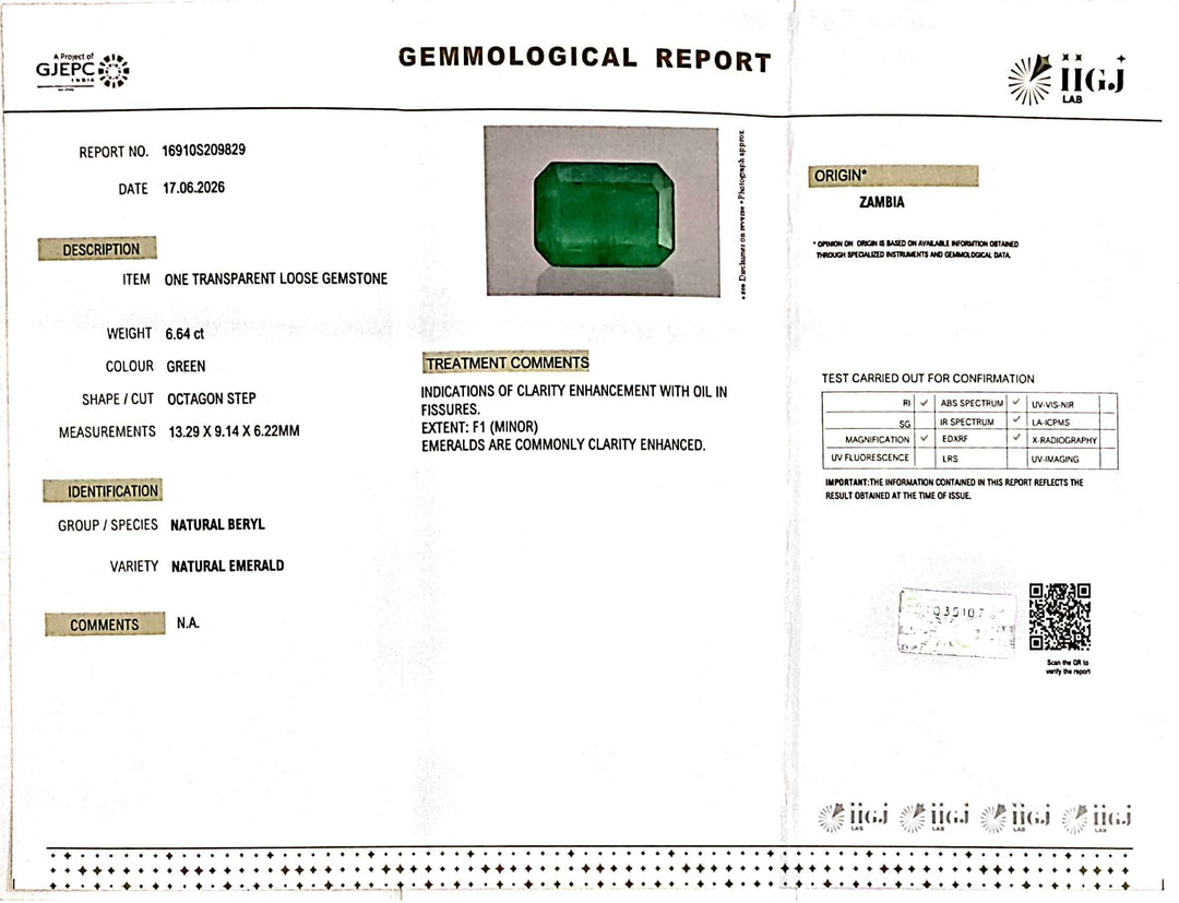 6.64/CT Natural Panna Stone with Govt. Lab Certificate-16910S209829