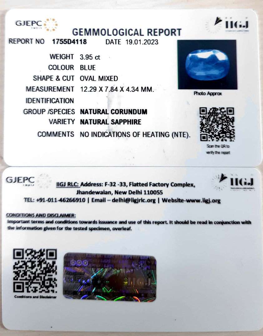 3.95/CT Natural Blue Sapphire with Govt Lab Certificate (34410)