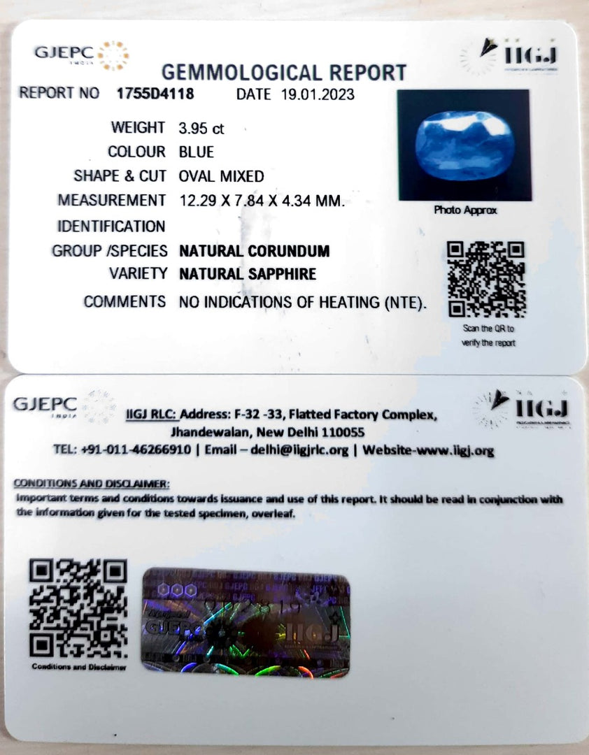 3.95/CT Natural Ceylonese Neelam with Govt Lab Certified (23310)
