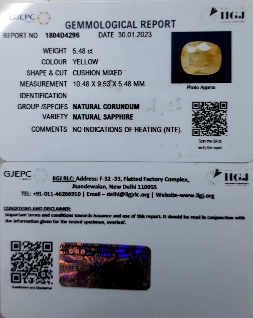 5.48/CT Natural Yellow Sapphire With Govt Lab Certificate