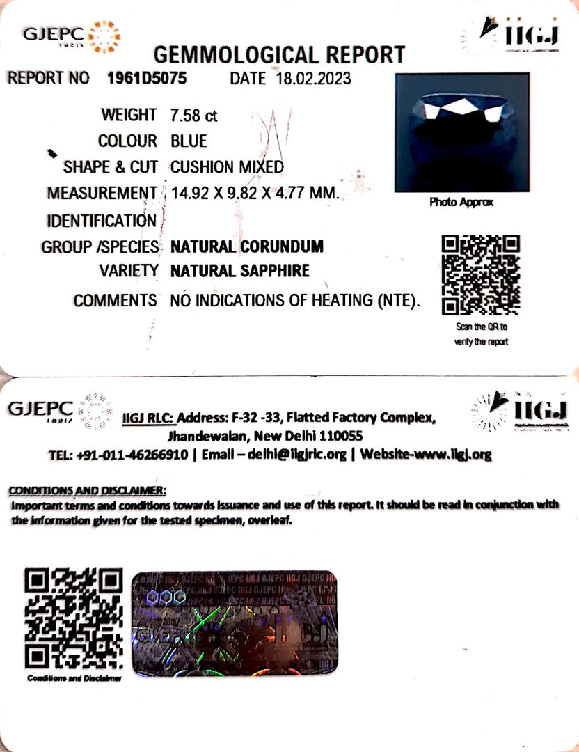7.58/CT Natural Blue Sapphire with Govt Lab Certificate-(2331)