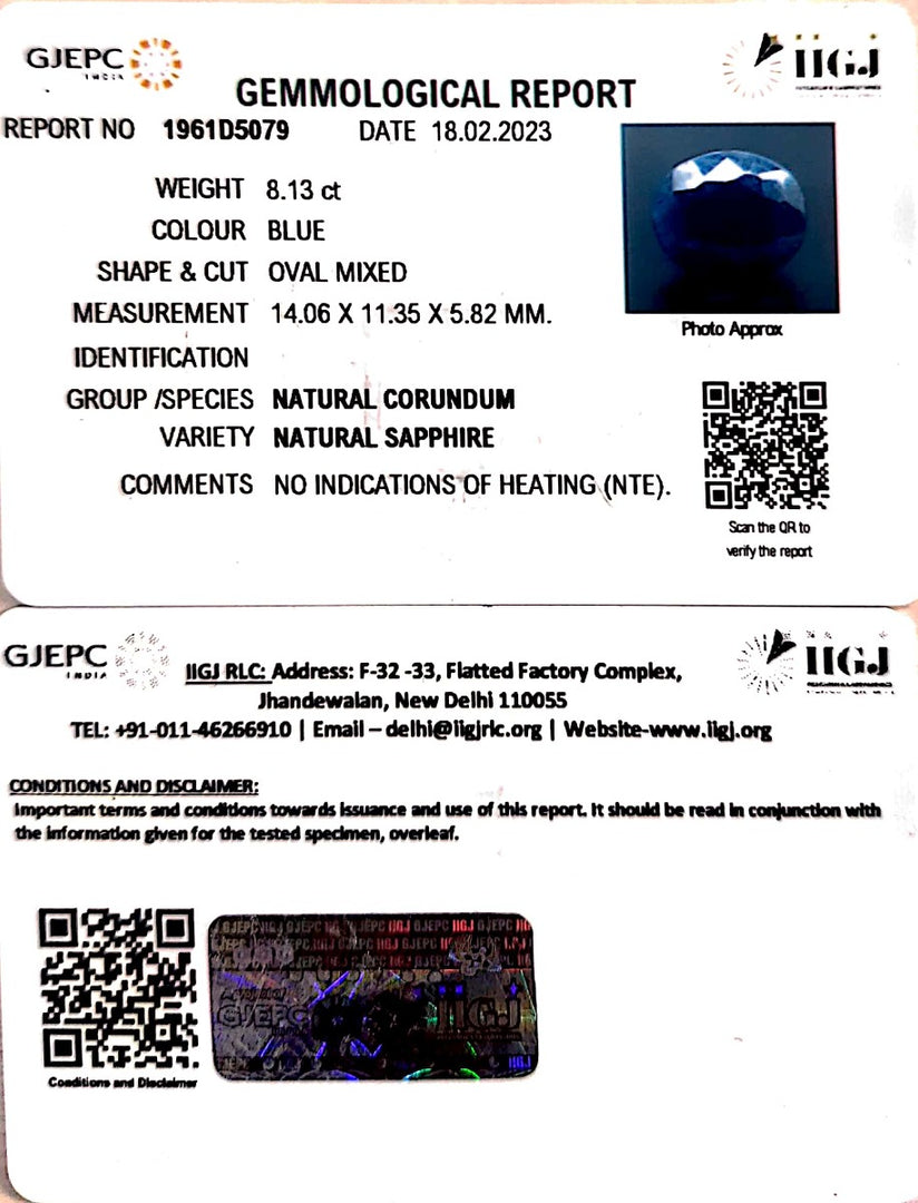 8.13/CT Natural Blue Sapphire with Govt Lab Certificate (1221)