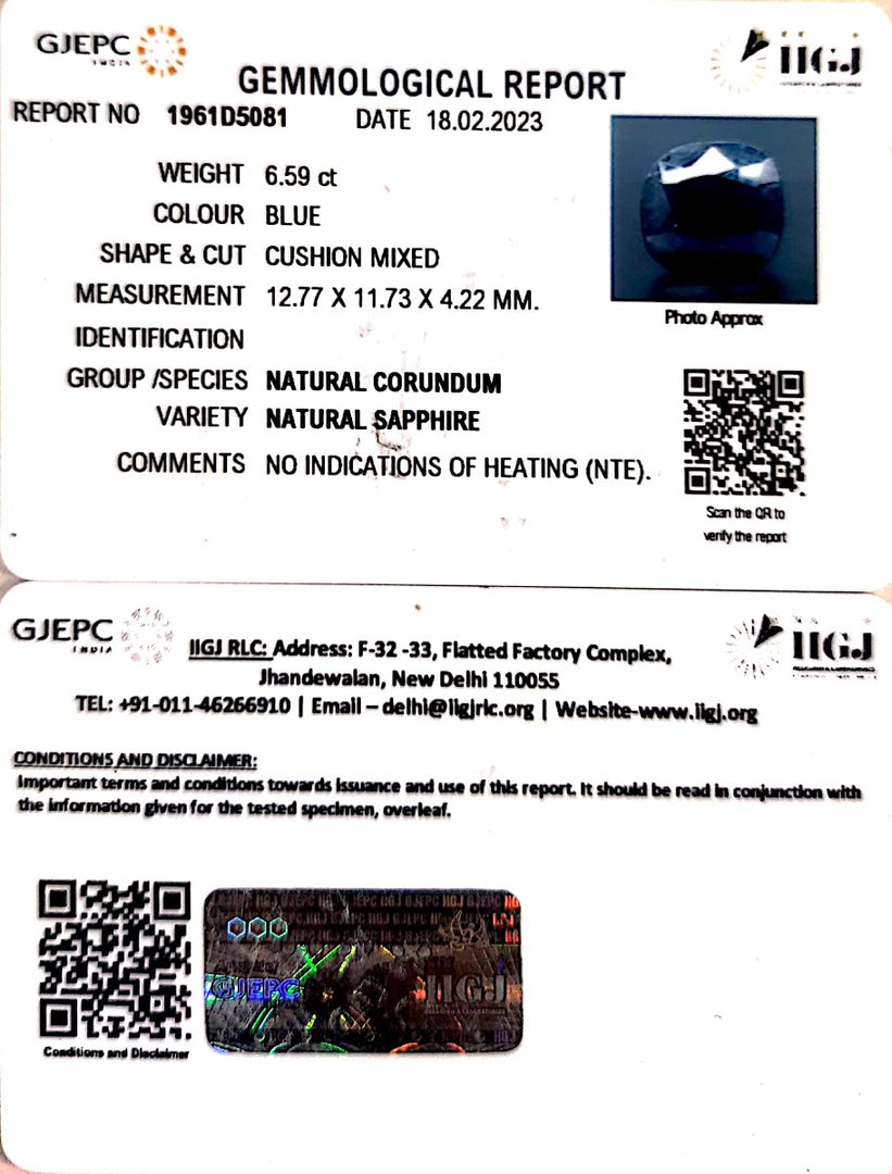 6.59/CT Natural Blue Sapphire with Govt Lab Certificate (2331)