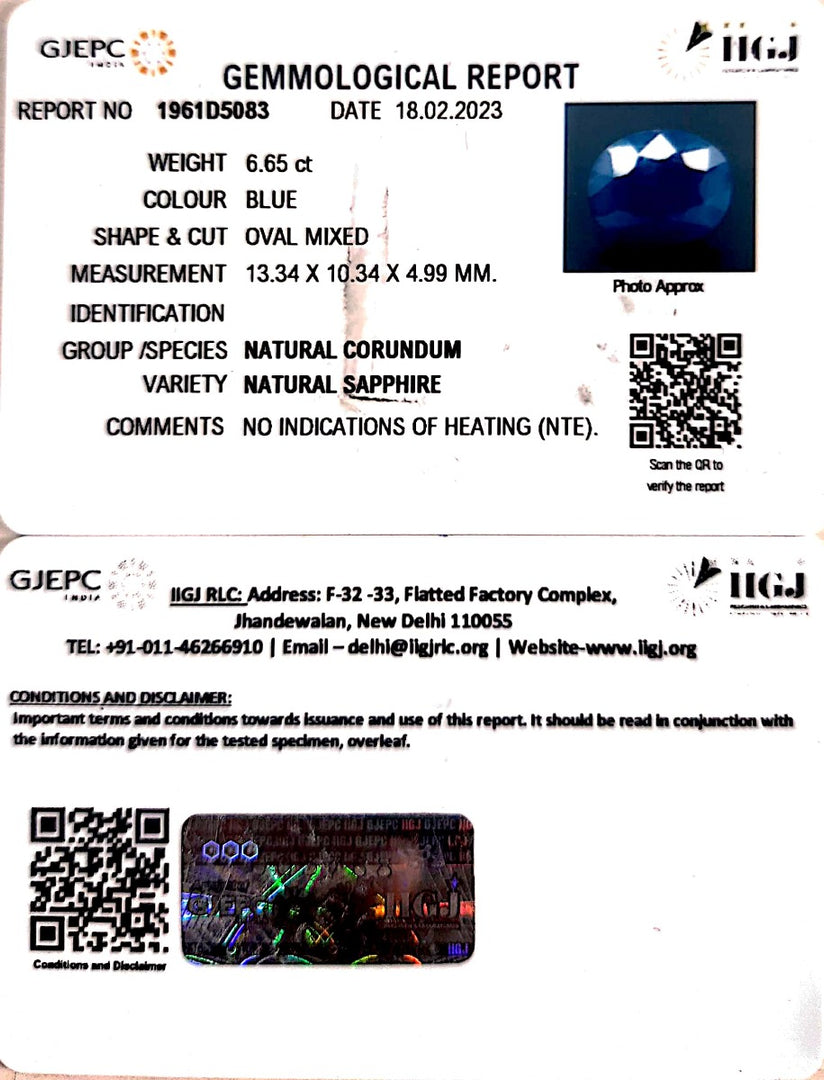6.65/CT Natural Blue Sapphire with Govt Lab Certificate (3441)
