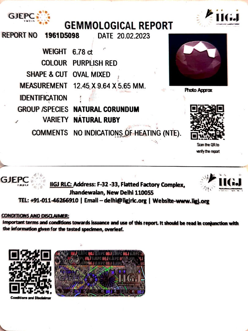 6.78/CT Natural Neo Burma Ruby with Govt. Lab Certificate (5661)