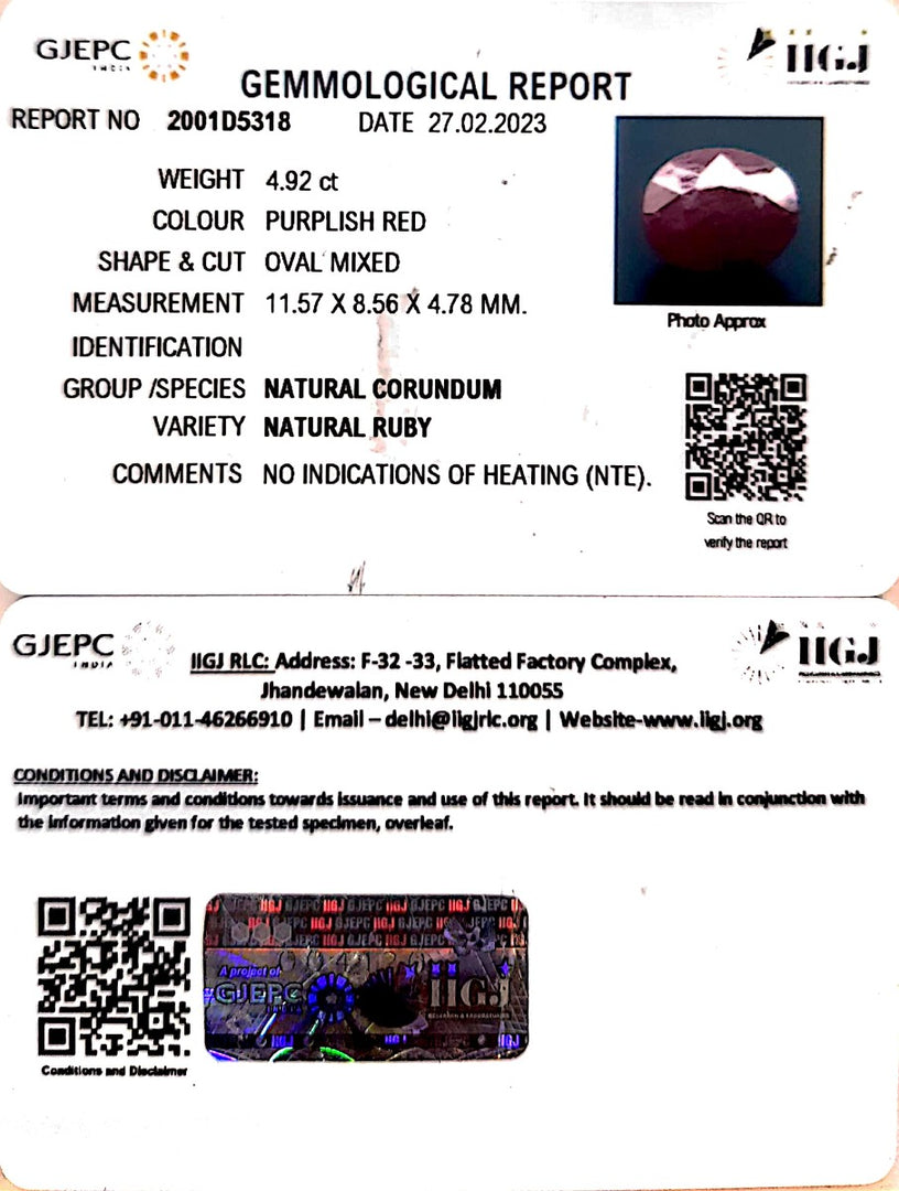 4.92/CT Natural Neo Burma Ruby with Govt. Lab Certificate (3441)