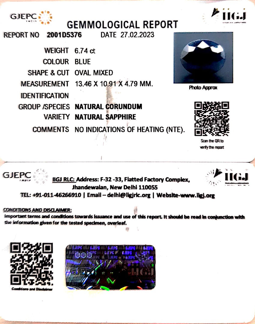 6.74/CT Natural Blue Sapphire with Govt Lab Certificate (2331)