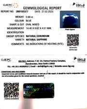 5.69/CT Natural Blue Sapphire with Govt Lab Certificate (2331)