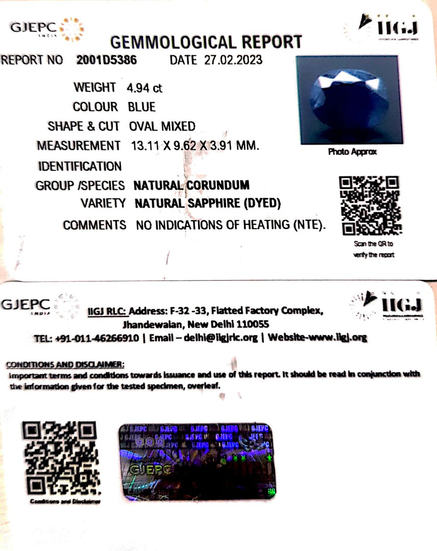 4.94/CT Natural Blue Sapphire with Govt Lab Certificate (2331)