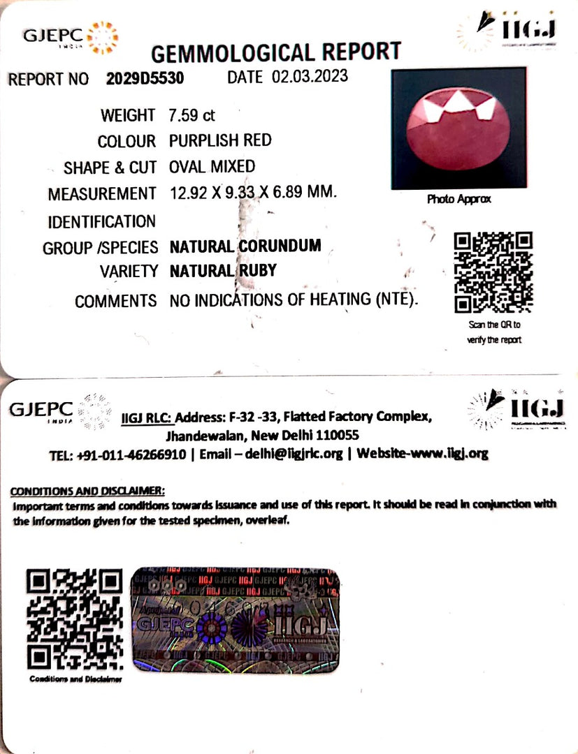 7.59/CT Natural Mozambique Ruby with Govt. Lab Certificate (RUBY9T)