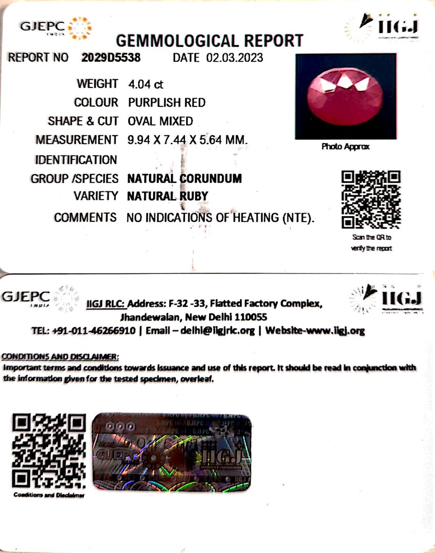 4.04/CT Natural Mozambique Ruby with Govt. Lab Certificate (23310)