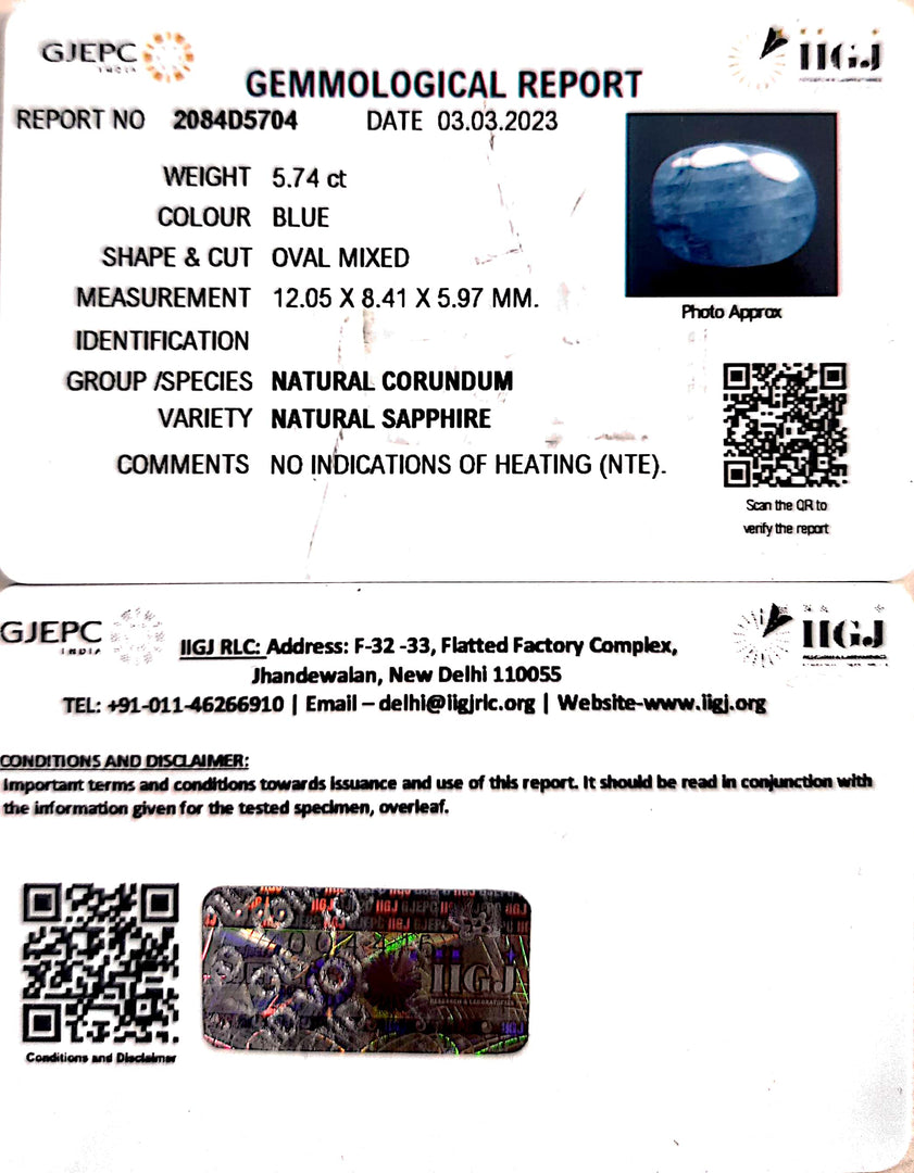 5.74/CT Natural Blue Sapphire with Govt Lab Certificate ( 4551)