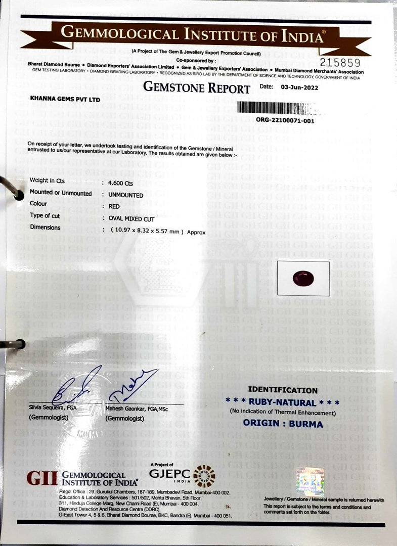 4.60/CT Natural Old Burma Ruby with IIG Govt. Lab Certificate-175000