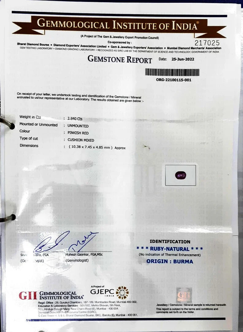 3.84/CT Natural Old Burma Ruby with IIGJ Govt. Lab Certificate-217025