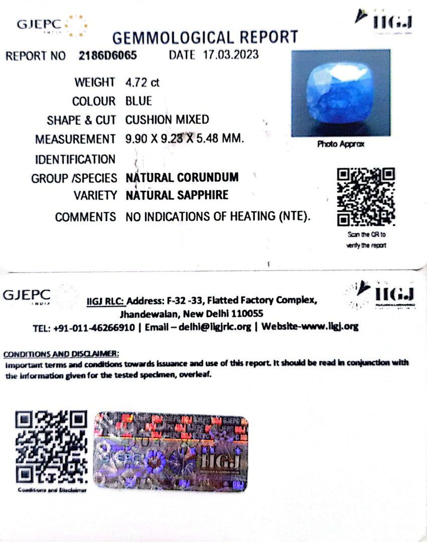 4.72/CT Natural Blue Sapphire with Govt Lab Certificate-BLUSA9S