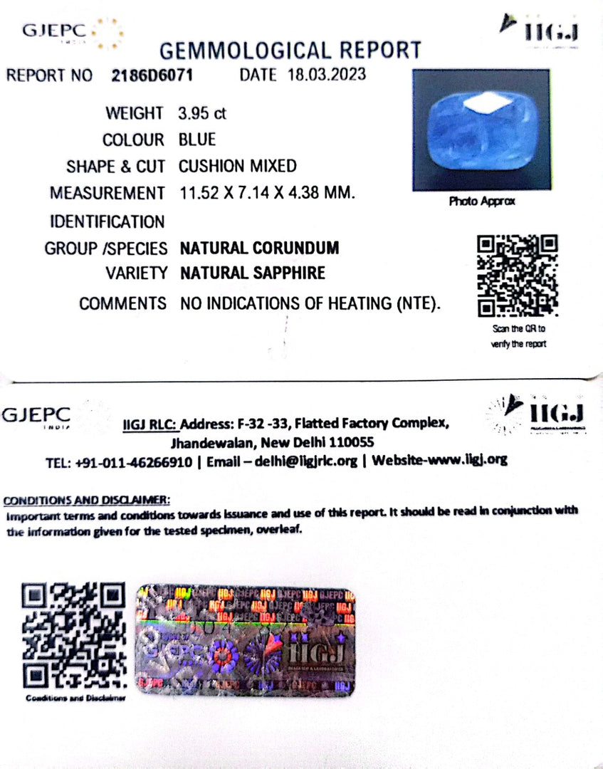 3.95/CT Natural Blue Sapphire with Govt Lab Certificate-BLUSA9S