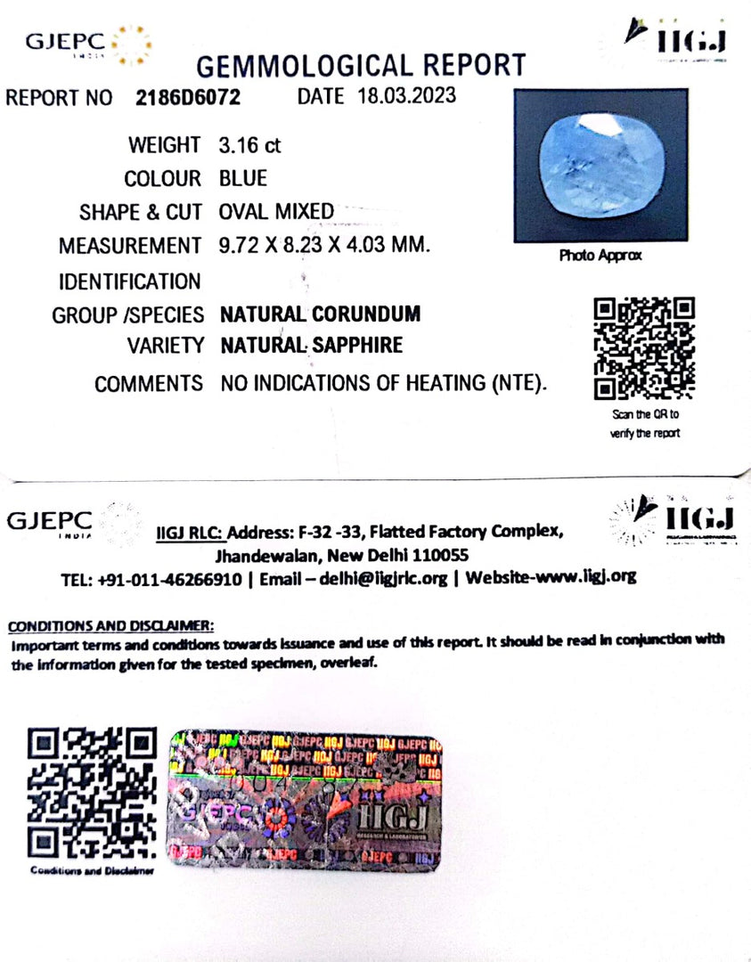 3.16/CT Natural Blue Sapphire with Govt Lab Certificate-BLUSA9S