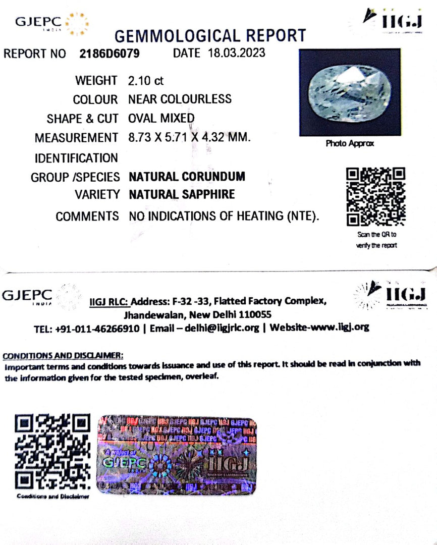 2.10/CT Natural White Sapphire with Govt Lab Certificate-8991