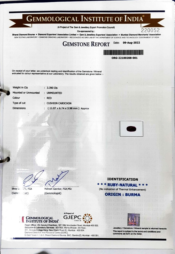 3.39/CT Natural Old Burma Ruby with IIG Govt. Lab Certificate-RUBY9Y