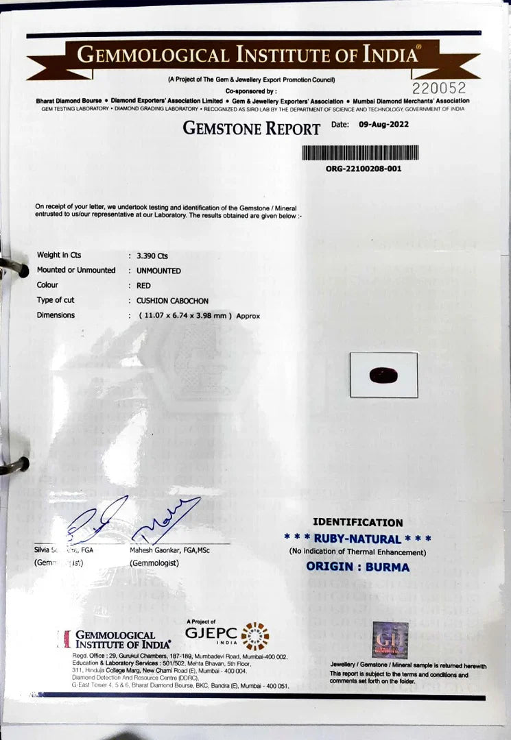 3.39/CT Natural Old Burma Ruby with IIGJ Govt. Lab Certificate-220052