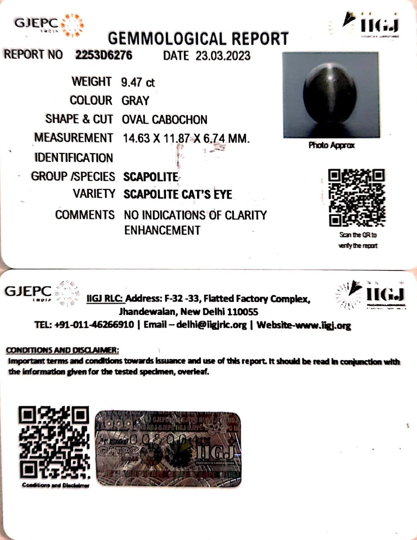 9.47/CT Natural Scapolite Cat's Eye with Govt. Lab Certified-(1221)