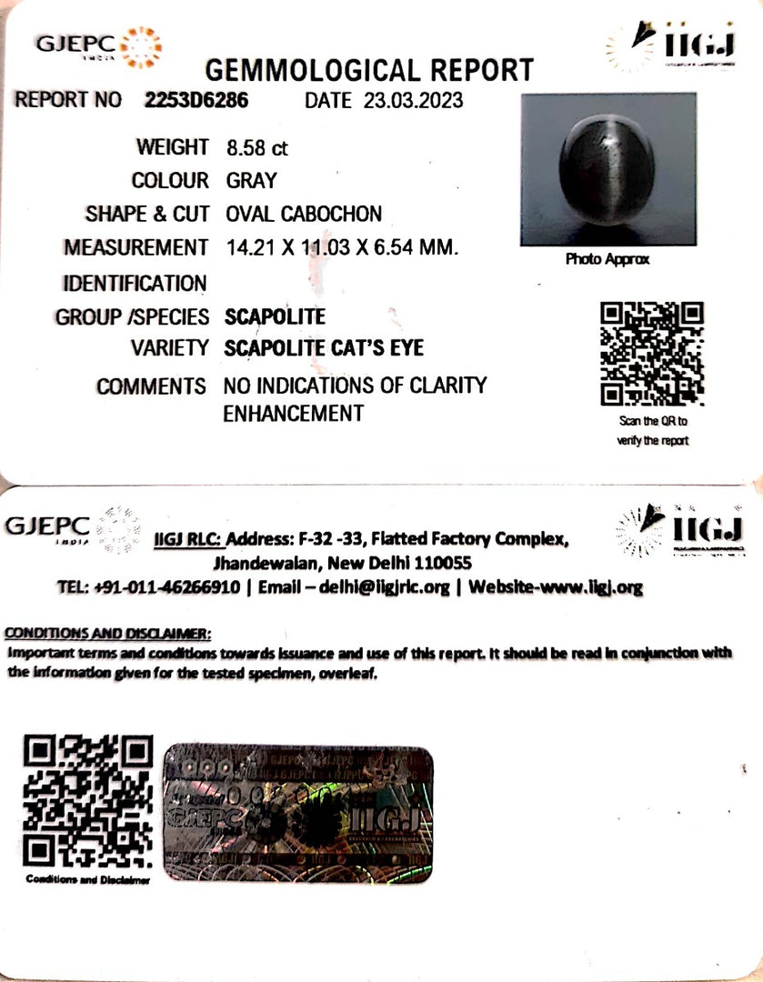 8.58/CT Natural Scapolite Cat's Eye with Govt. Lab Certified-(1221)