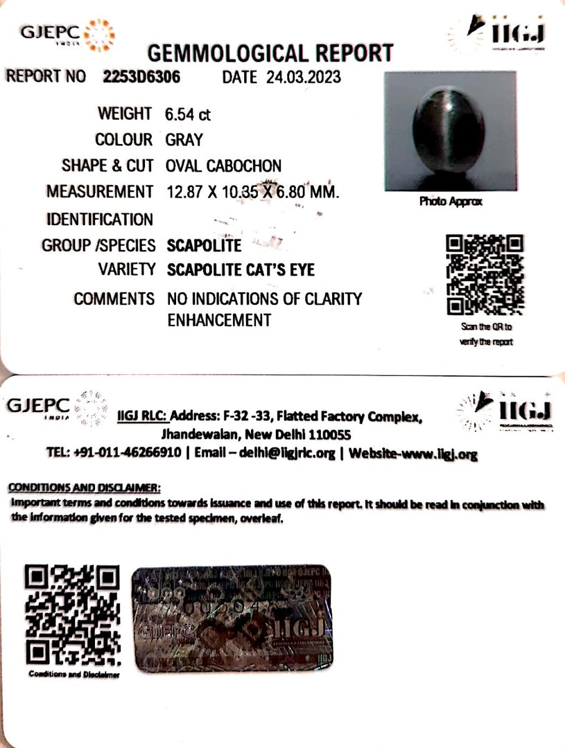6.54/CT Natural Scapolite Cat's Eye with Govt. Lab Certified-(1221)