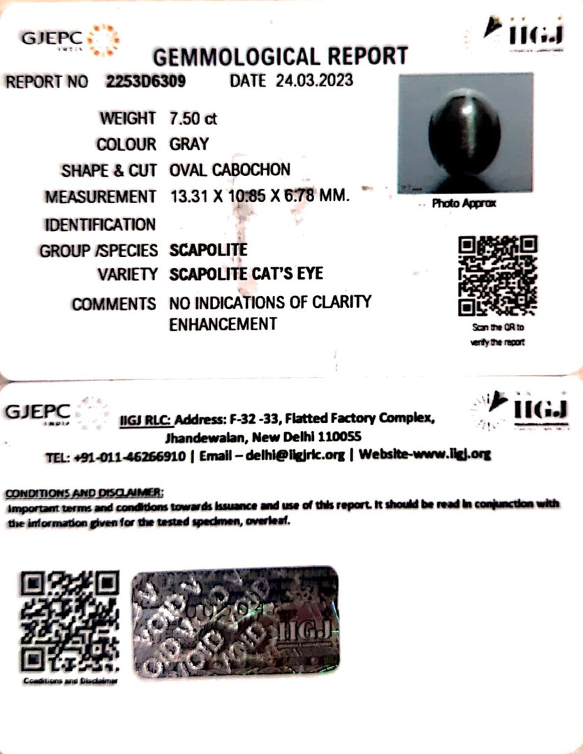 7.50/CT Natural Scapolite Cat's Eye with Govt. Lab Certified-(1221)