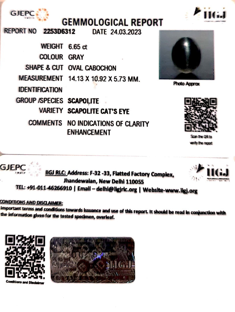 6.65/CT Natural Scapolite Cat's Eye with Govt. Lab Certified-(1221)