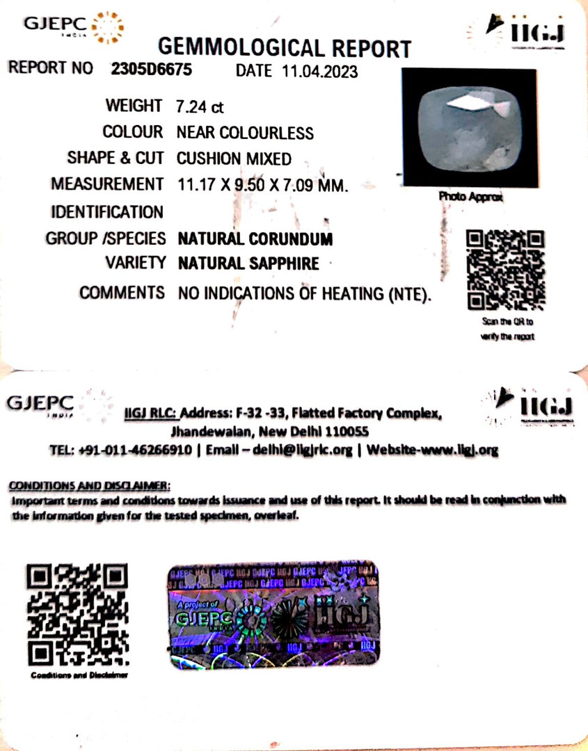 7.24/CT Natural White Sapphire with Govt Lab Certificate (4551)
