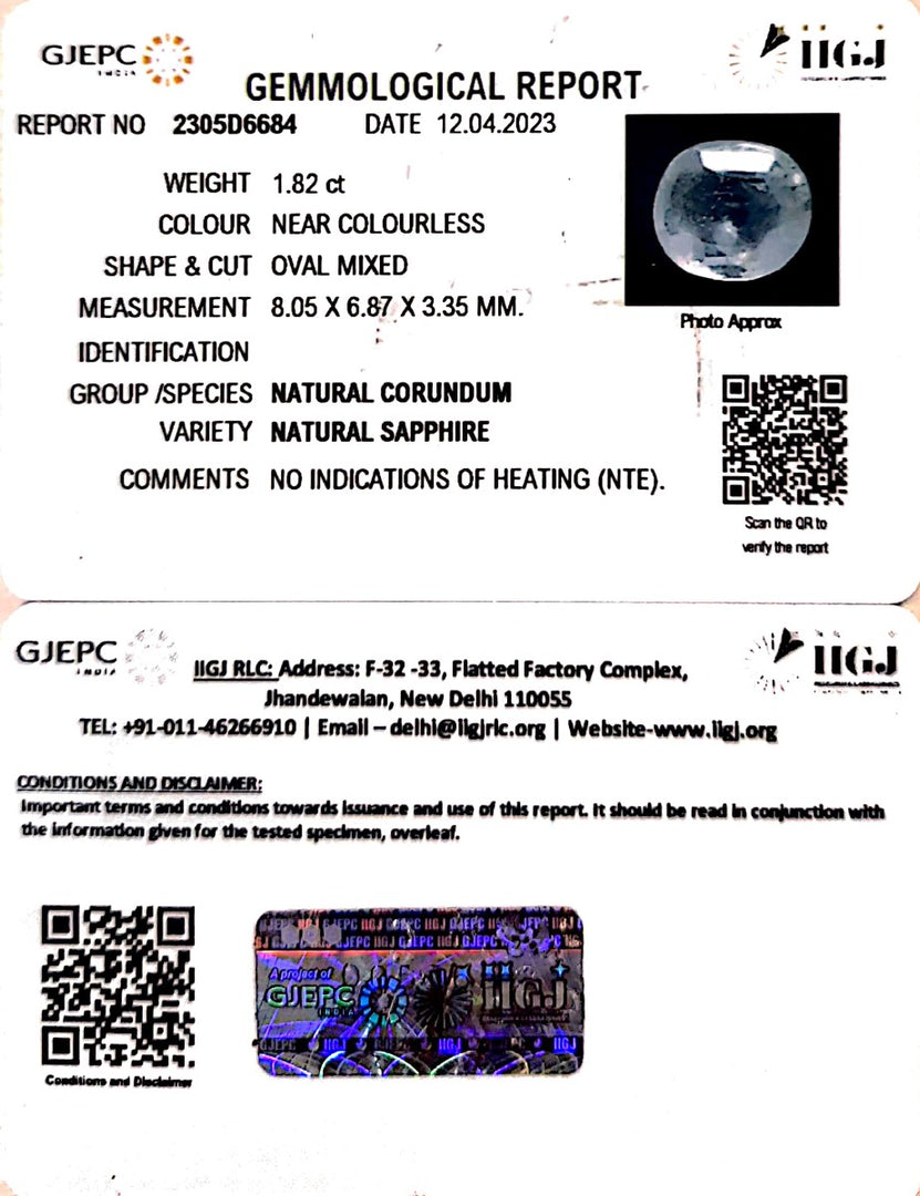 1.82/CT Natural White Sapphire with Govt Lab Certificate-4551