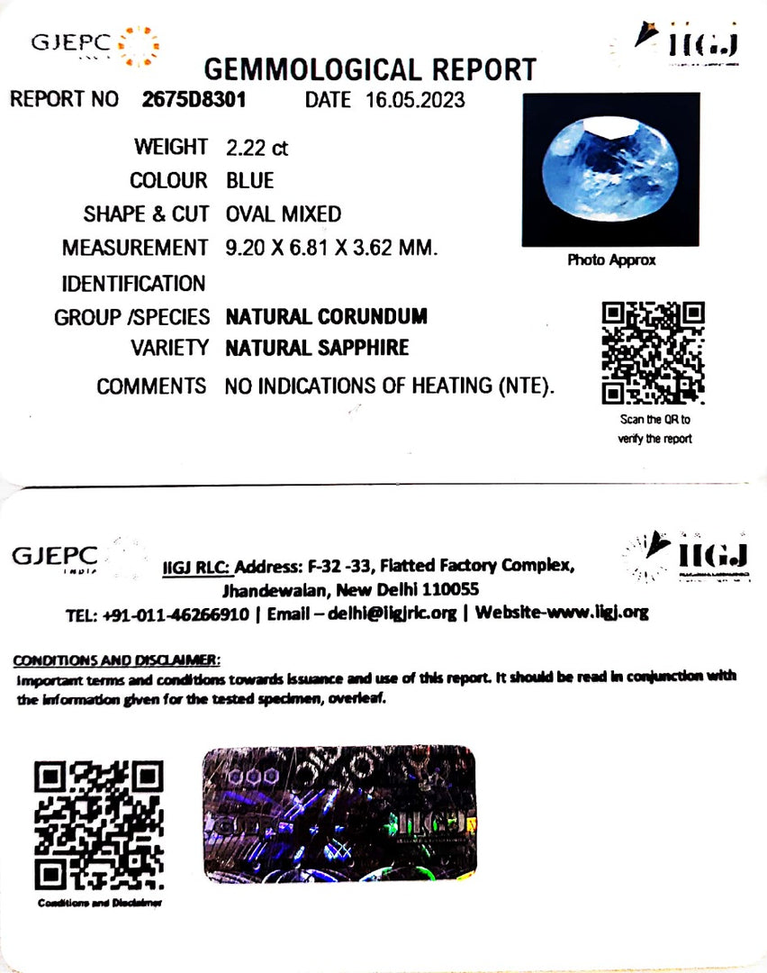 2.22/CT Natural Blue Sapphire with Govt Lab Certificate (4551)