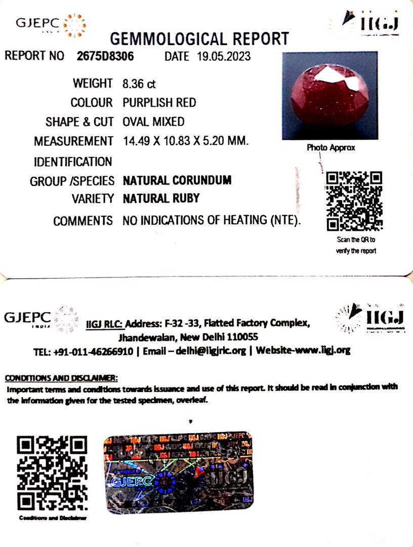 8.36/CT Natural Neo Burma Ruby with Govt. Lab Certificate (2331)