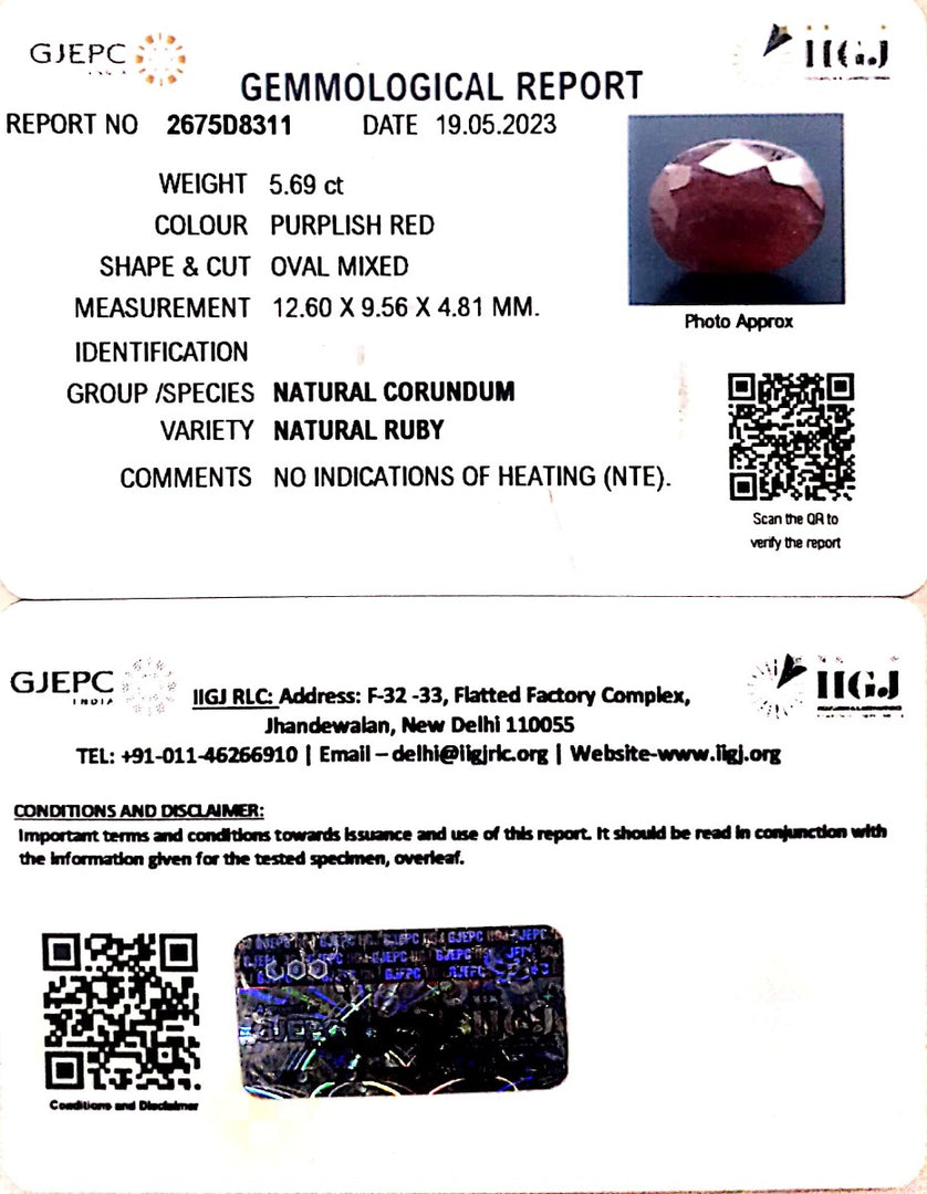 5.69/CT Natural Neo Burma Ruby with Govt. Lab Certificate (4551)