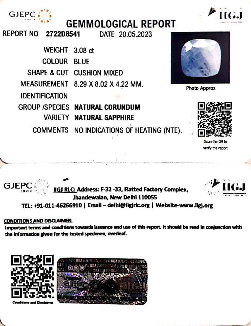 3.08/CT Natural Blue Sapphire with Govt Lab Certificate (4551)