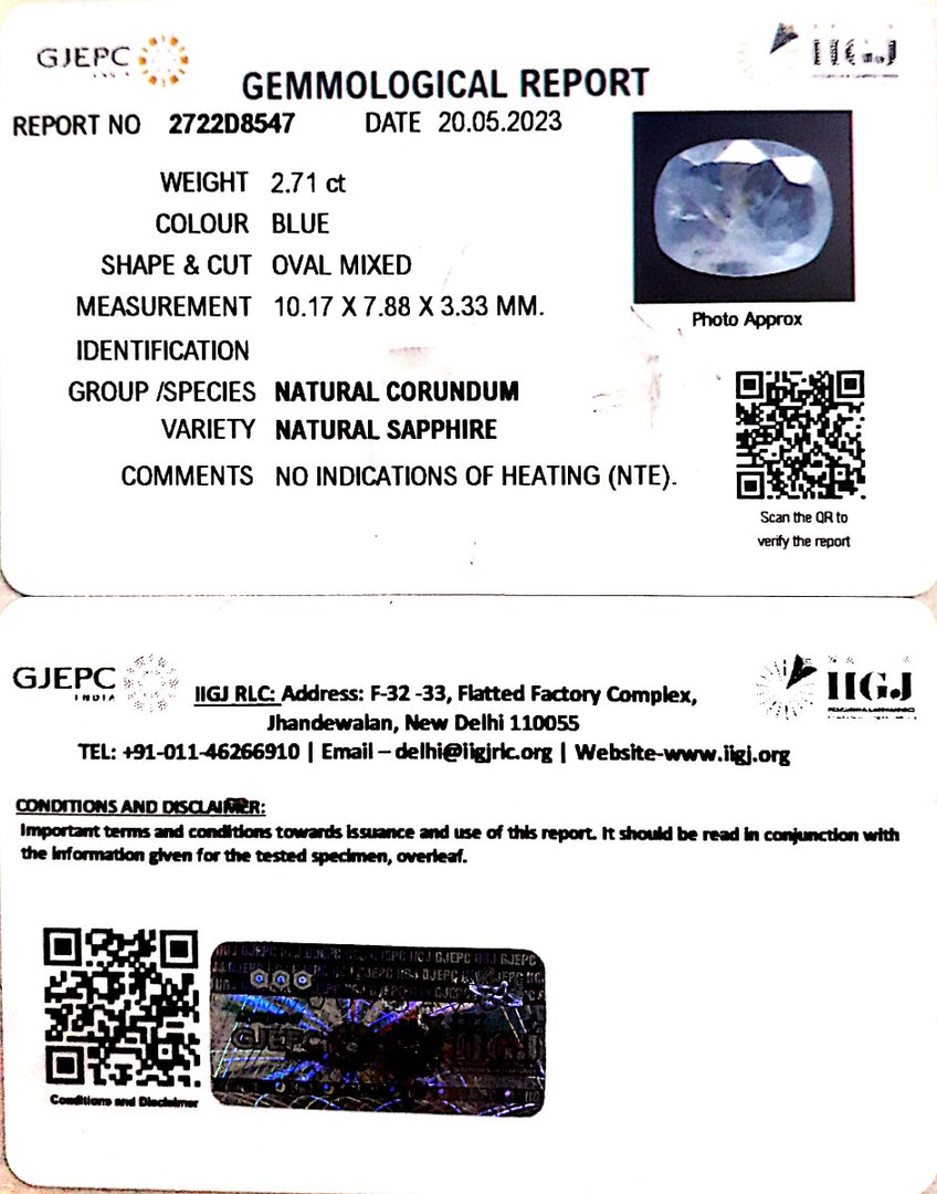 2.71/CT Natural Blue Sapphire with Govt Lab Certificate (4551)